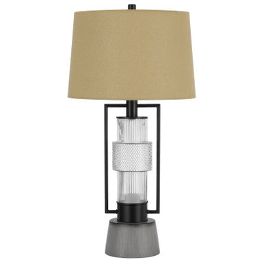 CAL Lighting Vallda 100W 3 Way table lamp with 2W LED night light with Metal/glass body and cement base and fine burlap drum shade Matte Black/Cement BO-3134TB