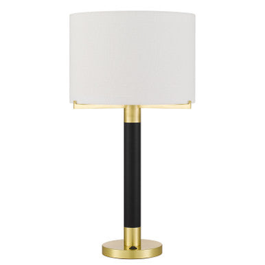 CAL Lighting Goldston 100W metal table lamp with drum hardback fabric shade Antique Brass/Black BO-3148TB