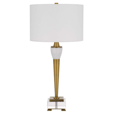 CAL Lighting 150W 3 Way Bradford metal table lamp with crystal base and drum hardback fabric shade Antique Brass BO-3154TB