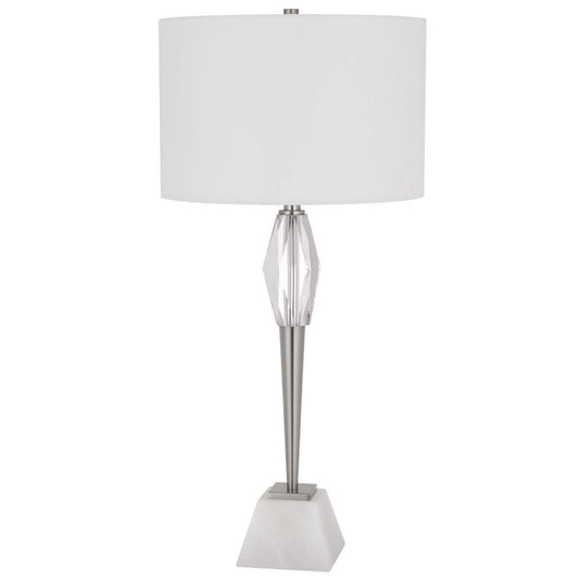 CAL Lighting 150W 3 Way Assen metal table lamp with crystal font / marble base and drum hardback fabric shade Brushed Steel BO-3155TB