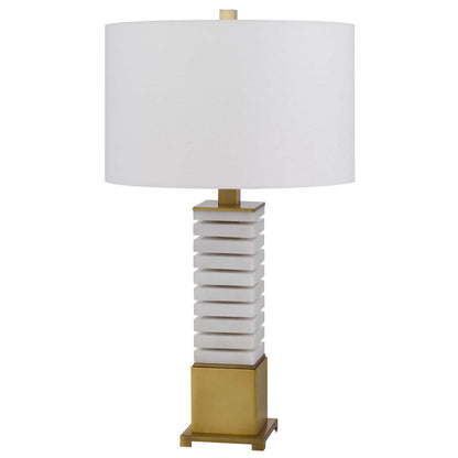 CAL Lighting 150W 3 Way Cranbourne metal/marble table lamp with drum hardback fabric shade Antique Brass/Marble BO-3158TB