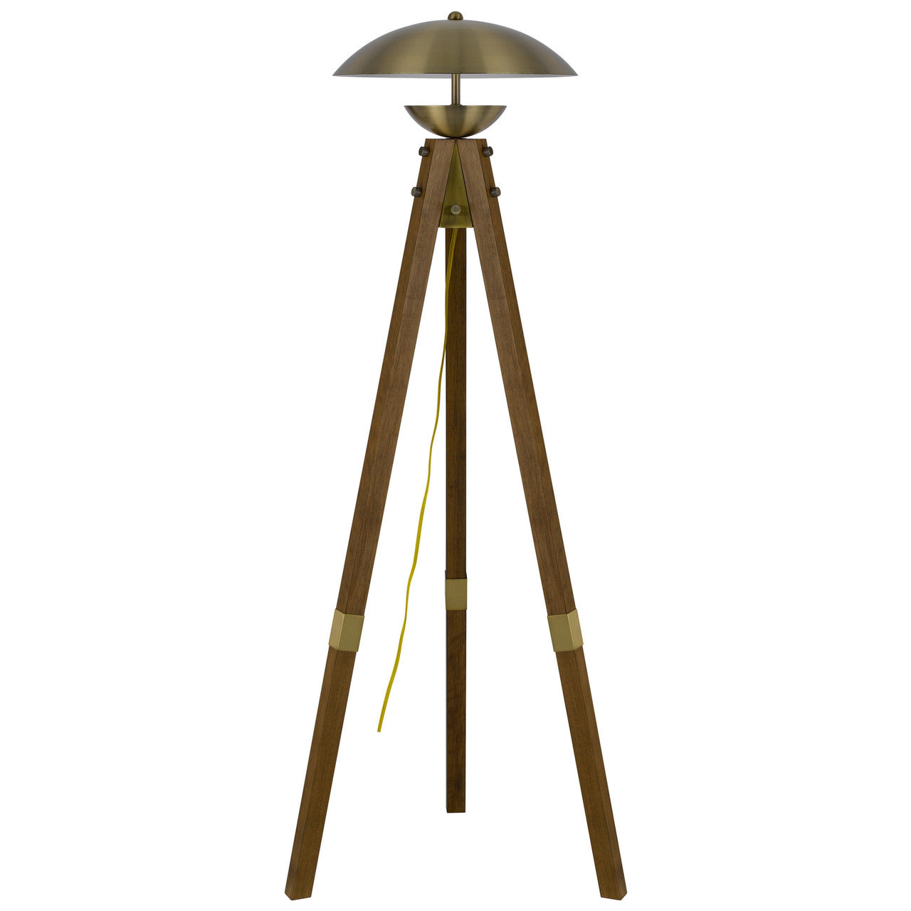 CAL Lighting Lakeland 18W intergrated LED tripod birch wood floor lamp with half domed metal shade Antique Brass/Wood BO-3801FL