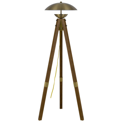 CAL Lighting Lakeland 18W intergrated LED tripod birch wood floor lamp with half domed metal shade Antique Brass/Wood BO-3801FL