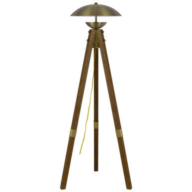 CAL Lighting Lakeland 18W intergrated LED tripod birch wood floor lamp with half domed metal shade Antique Brass/Wood BO-3801FL