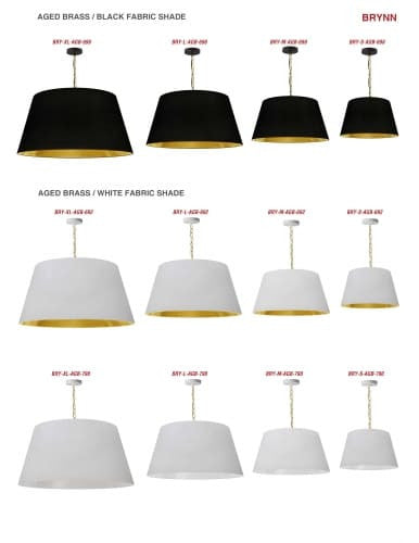 Dainolite 1 Light Brynn Extra Large Pendant, White/Gold Shade, Aged Brass  BRY-XL-AGB-692