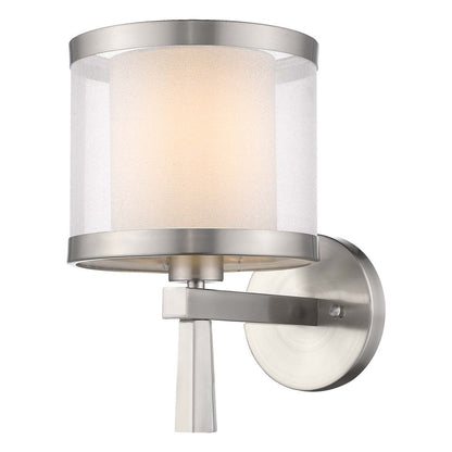 TREND Lighting Lux 1-Light Brushed Nickel Wall Lamp With Metal Trimmed Sheer Snow Shantung Two Tier Shade in Brushed Nickel BW8947