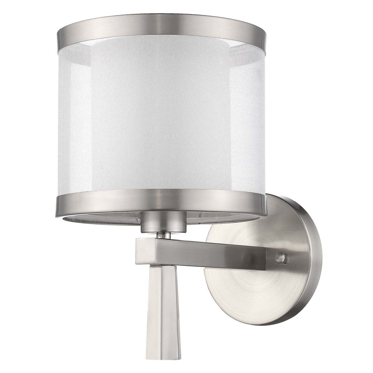 TREND Lighting Lux 1-Light Brushed Nickel Wall Lamp With Metal Trimmed Sheer Snow Shantung Two Tier Shade in Brushed Nickel BW8947