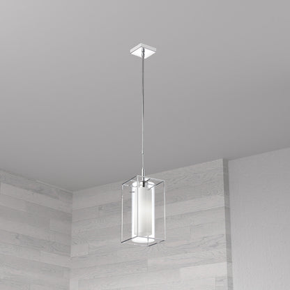 Dainolite 1 Light Pendant, Frosted Glass Inside, Rectangular Metal Frame CBE-61P-PC