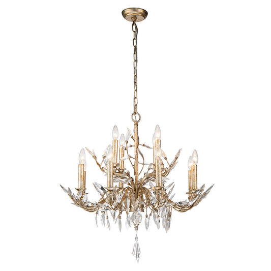 Lucas McKearn Silver and Antique Glazed 12 Light Chandelier with Flower Inspired Crystals