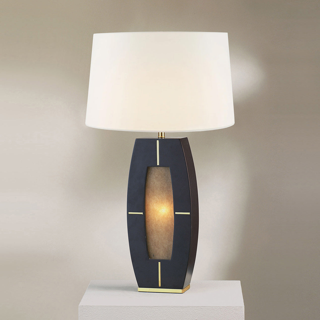 Nova of California Delacey Table Lamp With Nightlight - Ebony Wood Finish, Weathered Brass, White Linen Shade 1030773B