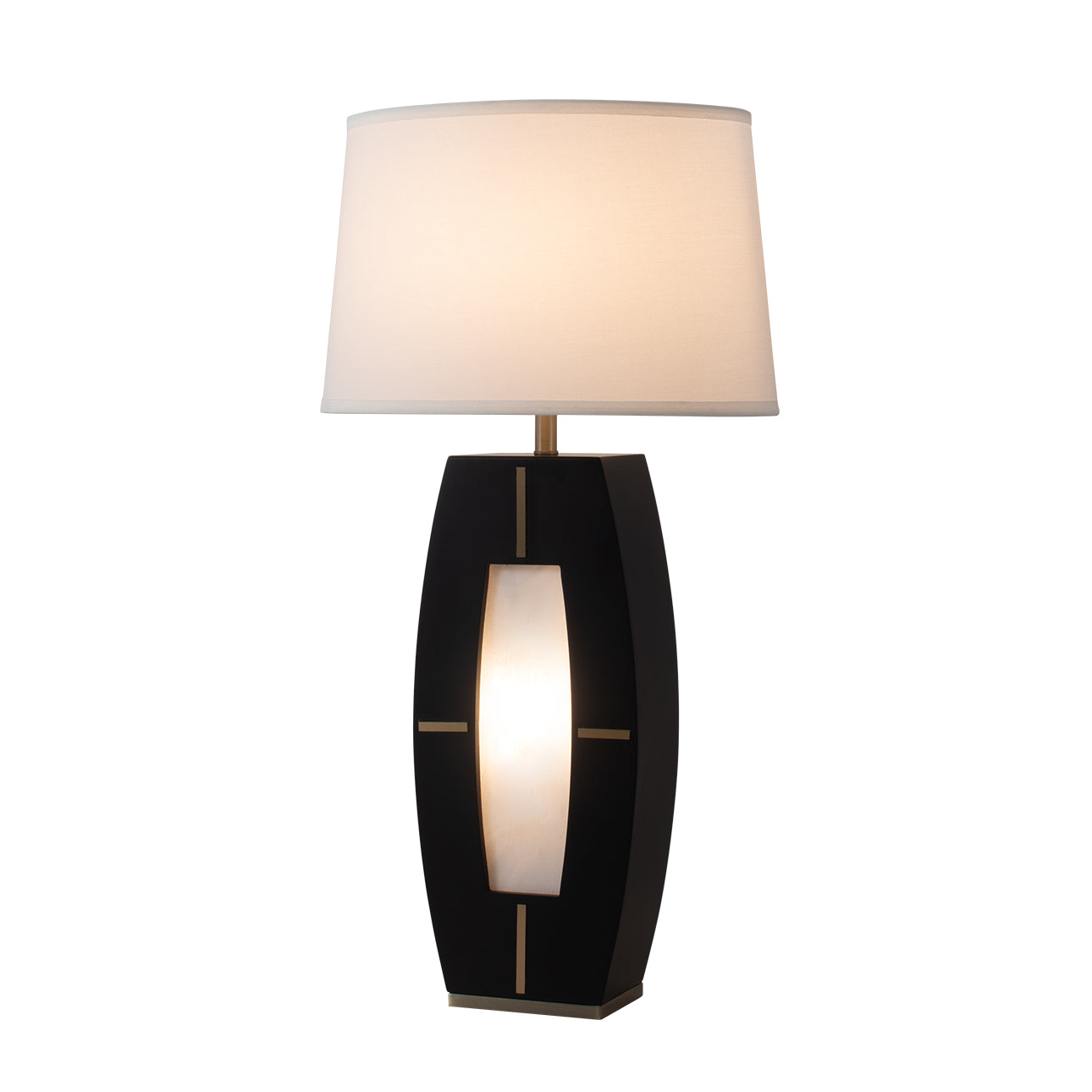 Nova of California Delacey Table Lamp With Nightlight - Ebony Wood Finish, Weathered Brass, White Linen Shade 1030773B