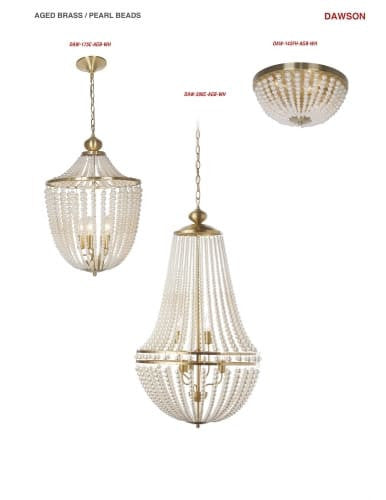 Dainolite 3 Light Incandescent Flush Mount Aged Brass Finish with Pearls  DAW-143FH-AGB-WH