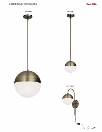 Dainolite 3 Light Halogen Pendant, Antique Brass Finish with White Glass DAY-143P-AB