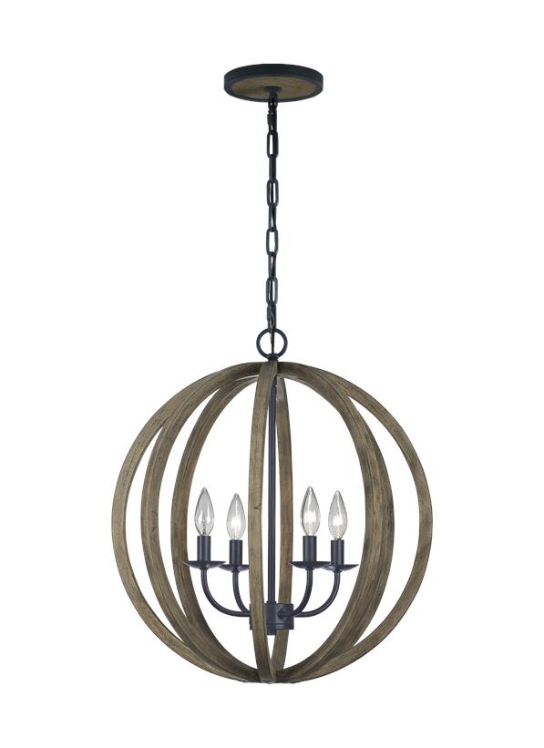 Visual Comfort Studio Sean Lavin Allier Small Pendant in Weathered Oak Wood / Antique Forged Iron F2935/4WOW/AF