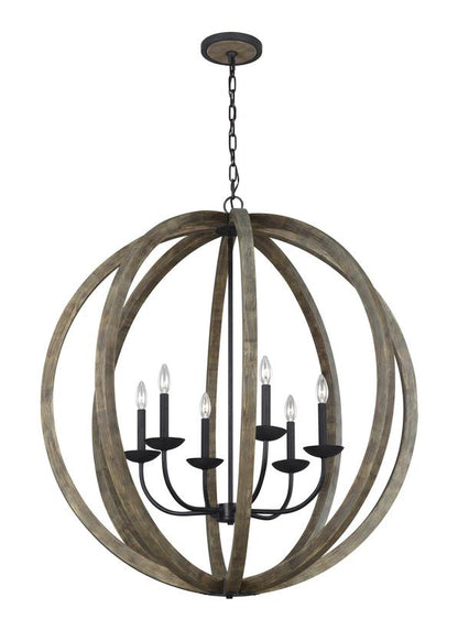 Visual Comfort Studio Sean Lavin Allier Large Pendant in Weathered Oak Wood / Antique Forged Iron F3186/6WOW/AF