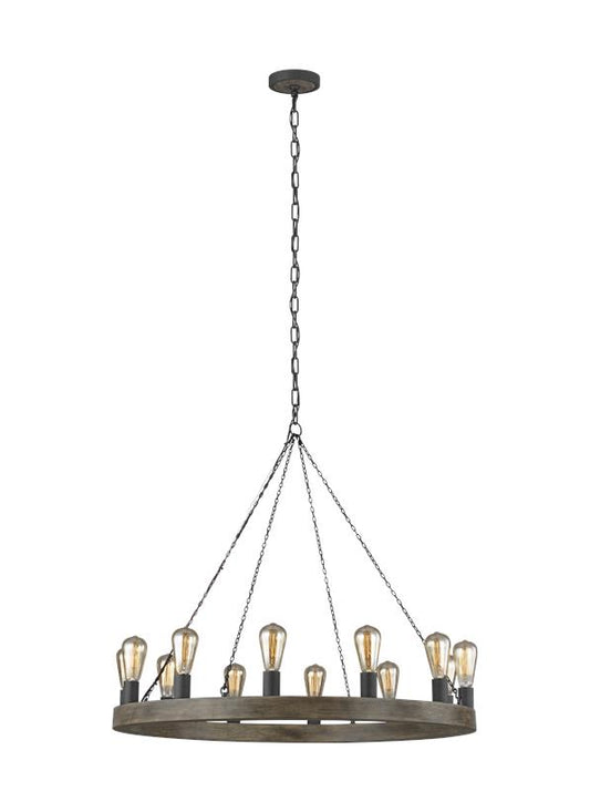 Visual Comfort Studio Sean Lavin Avenir Medium Chandelier in Weathered Oak Wood / Antique Forged Iron F3932/12WOW/AF