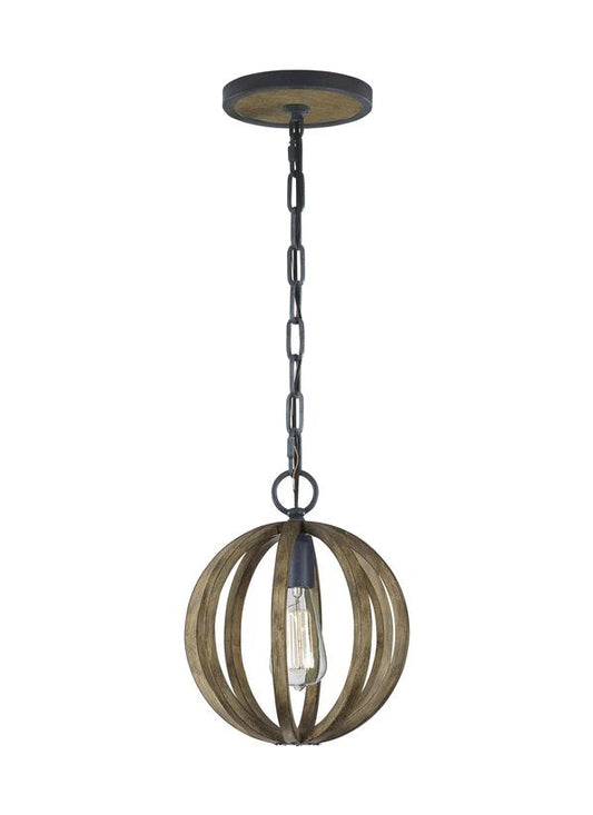 Visual Comfort Studio Sean Lavin Allier Mini Pendant in Weathered Oak Wood / Antique Forged Iron P1302WOW/AF