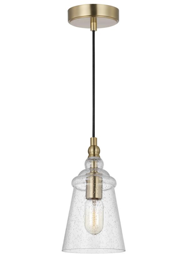 Generation Lighting Sean Lavin Loras 1-light ceiling pendant in satin brass with clear seeded glass shade P1449SB