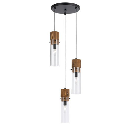 CAL Lighting 60W X 3 Spheroid Glass Pendant Black/Wood FX-3583-3