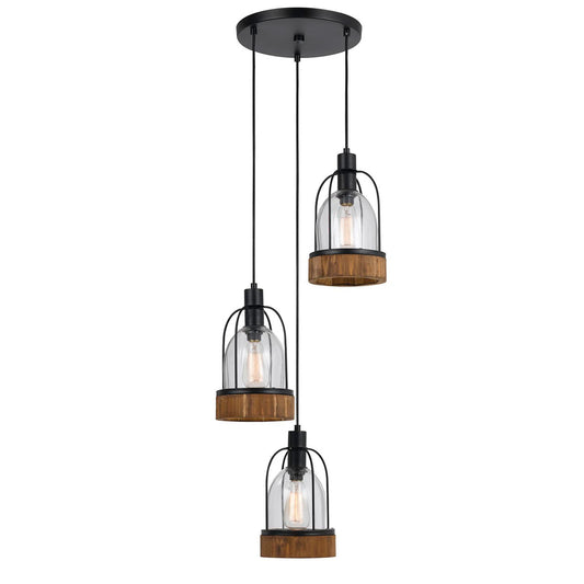 CAL Lighting 60W X 3 Beacon Glass Pendant (Edison Bulbs Not Included) Black/Wood FX-3584-3