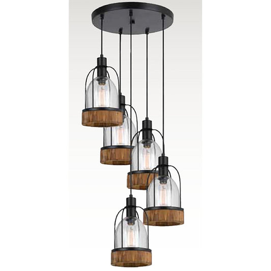 CAL Lighting 60W X 5 Beacon Pendant Fixture (Edison Bulbs Not Included) Black/Wood FX-3584-5