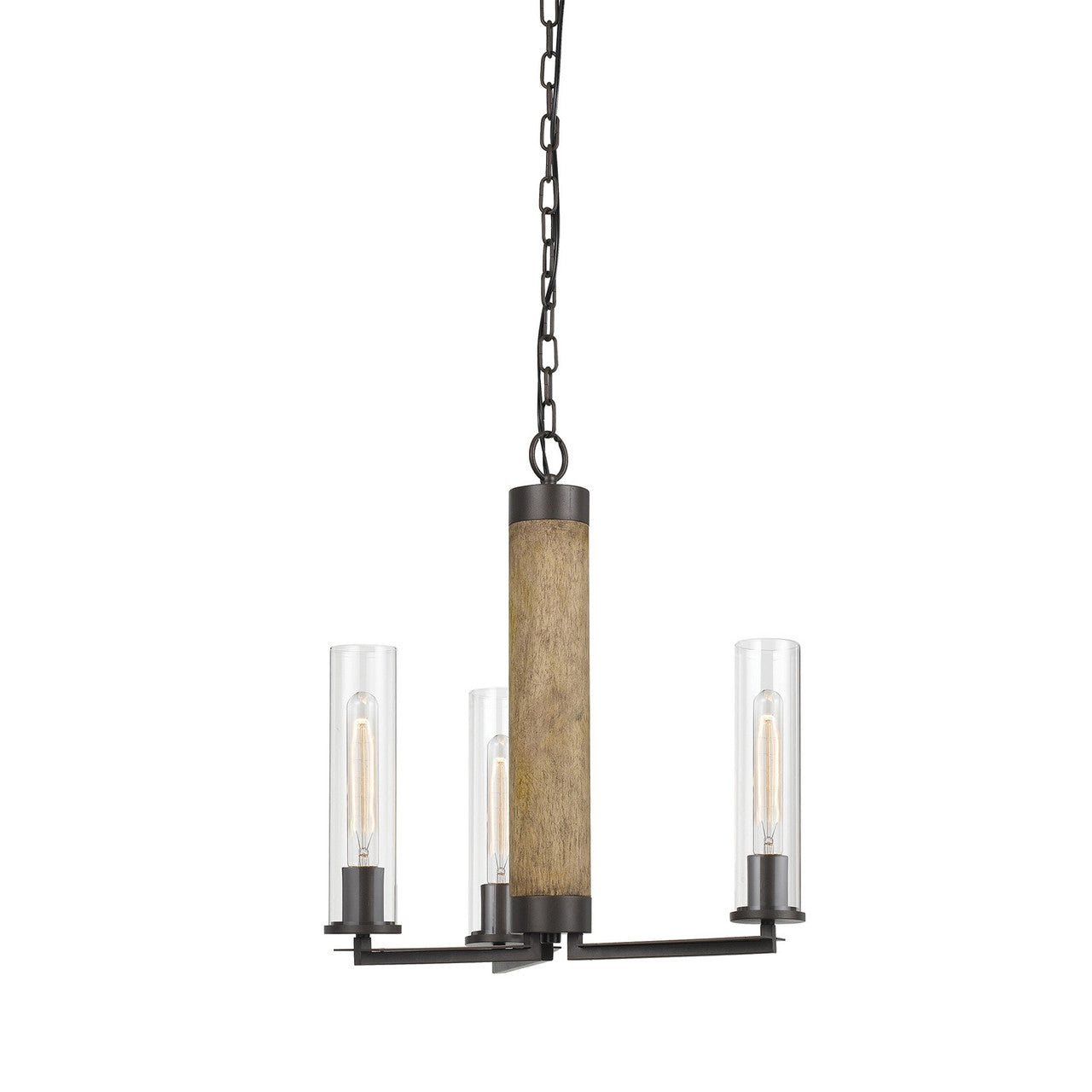 CAL Lighting Silverton Metal/Wood 3 Light Chandelier With Glass Shades. (Edison Bulbs Included) Dark Bronze/Wood FX-3665-3