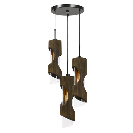 CAL Lighting 60W X 3 Zamora 3 Light Wood Pendant With Clear Glass Shade (Edison Bulbs Not Included) Smoky Wood FX-3669-3