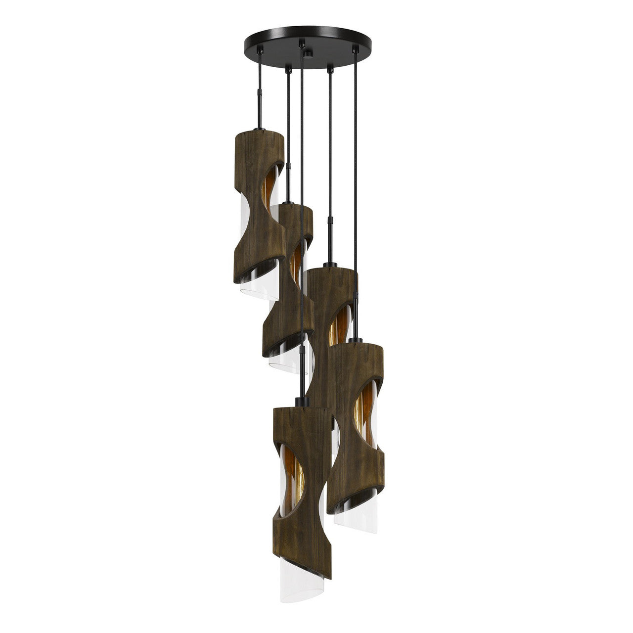 CAL Lighting 60W X 5 Zamora 5 Light Wood Pendant With Clear Glass Shade (Edison Bulbs Not Included) Smoky Wood FX-3669-5