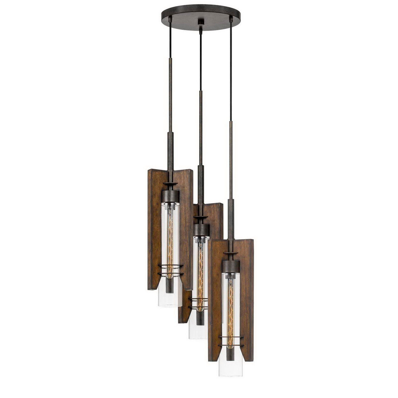 CAL Lighting 60W X 3 Almeria Wood/Glass 3 Light Pendant Fixture (Edison Bulbs Not Included) Pine/Iron FX-3690-3