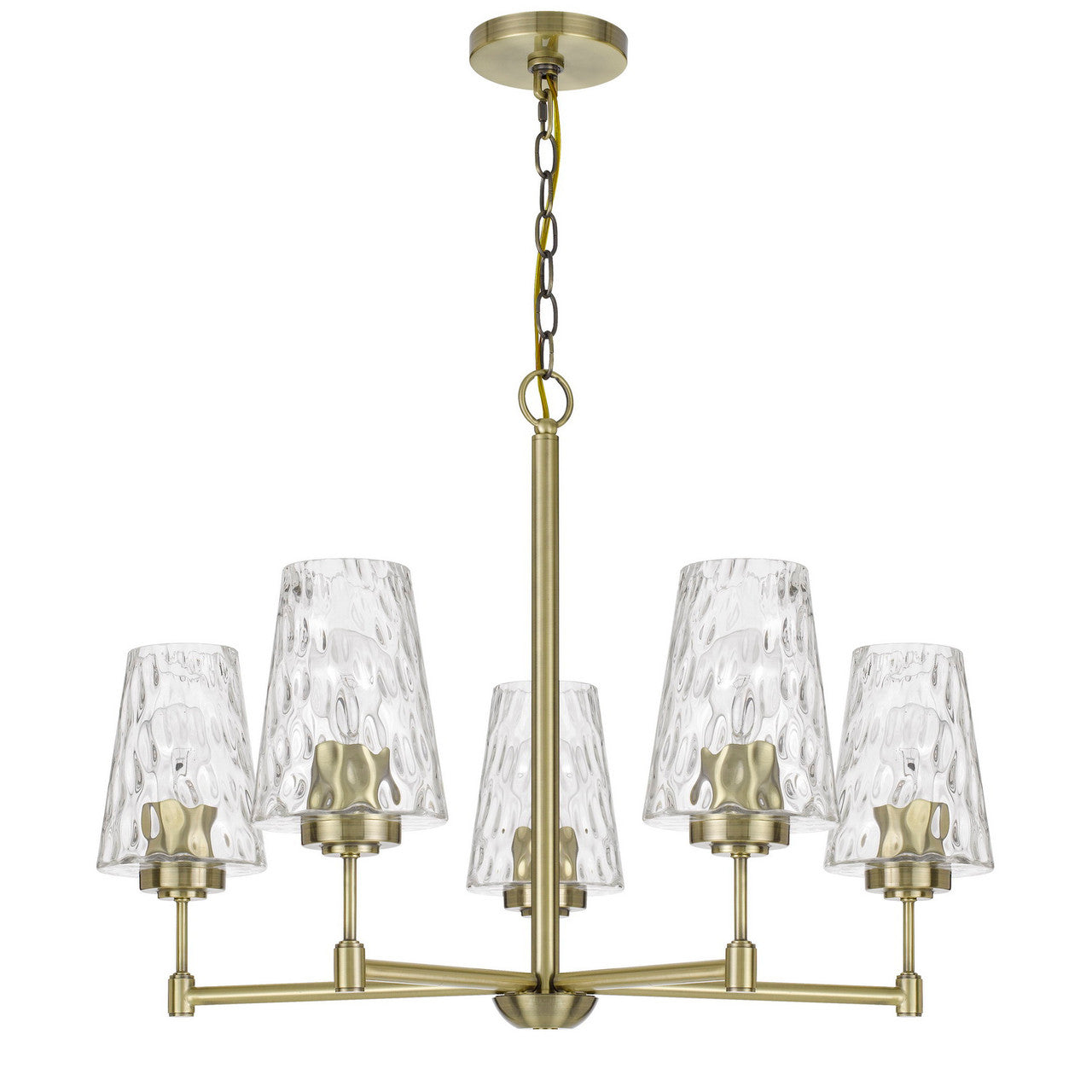 CAL Lighting Crestwood metal chandelier with textured glass shades Antique Brass FX-3749-5