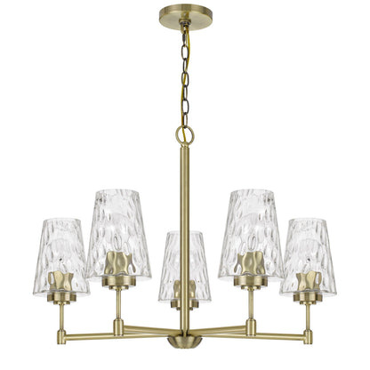 CAL Lighting Crestwood metal chandelier with textured glass shades Antique Brass FX-3749-5