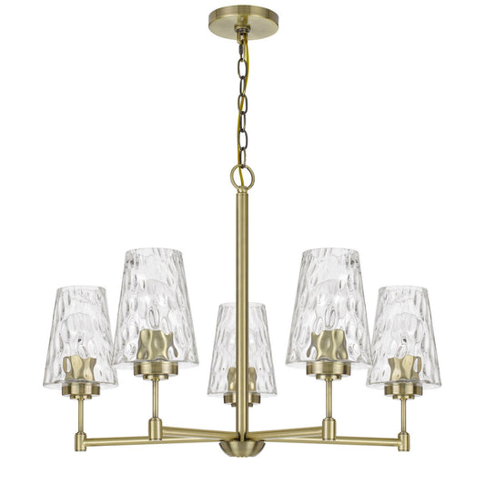 CAL Lighting Crestwood metal chandelier with textured glass shades Antique Brass FX-3749-5