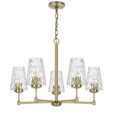 CAL Lighting Crestwood metal chandelier with textured glass shades Antique Brass FX-3749-5