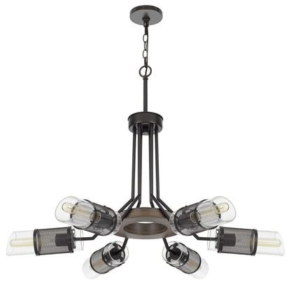 CAL Lighting Savona pine wood/metal chandelier with double layer glass/metal mesh shade. (Edison Bulbs Not Included) Wood/Black FX-3754-6