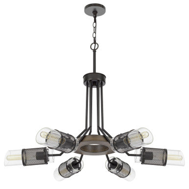 CAL Lighting Savona pine wood/metal chandelier with double layer glass/metal mesh shade. (Edison Bulbs Not Included) Wood/Black FX-3754-6