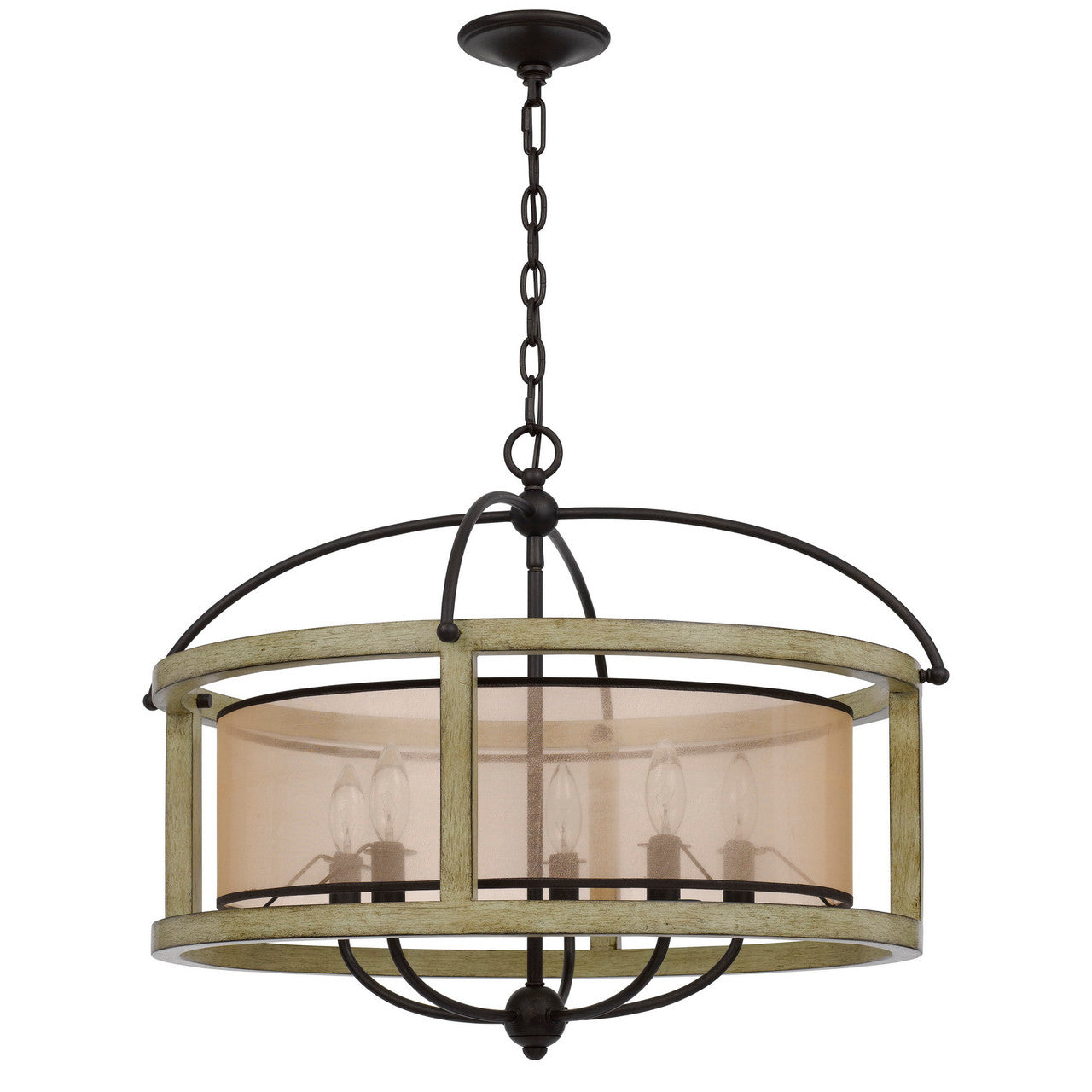 CAL Lighting Palencia rubber wood round chandelier with organza shade Distressed oak FX-3781-5