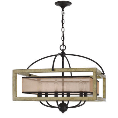 CAL Lighting Palencia rubber wood square chandelier with organza shade Distressed oak FX-3781-6