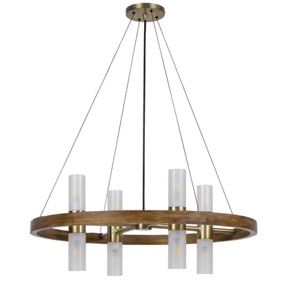 CAL Lighting Hempstead Birch wood cylinder chandelier with adjustable steel cable and glass shades Wood/Antique Brass FX-3782-8