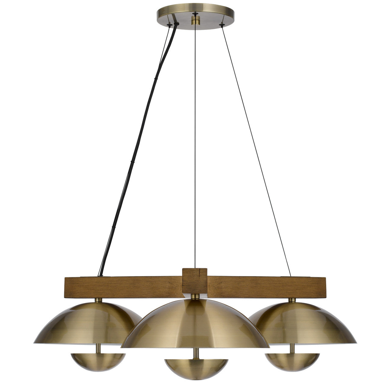 CAL Lighting Lakeland 15W x 3 intergrated dimmable LED metal / birch wood pendant light with half domed metal shade Antique Brass/Wood FX-3801-3C