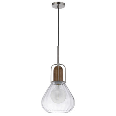 CAL Lighting 60W Rochelle metal / rubber wood mini glass pendant Brushed Steel/Wood FX-3803-1