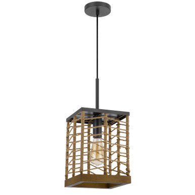 CAL Lighting Winfall 60W metal with birch wood bottom trim square pendant with burlap roped shade Burlap/charcoal grey FX-3811-1