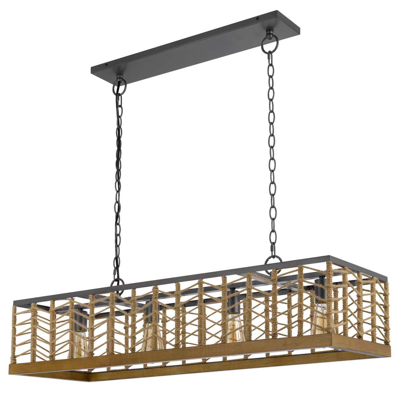 CAL Lighting Winfall 60W x 4 metal with birch wood bottom trim square pendant with burlap roped shade Burlap/charcoal grey FX-3811-4