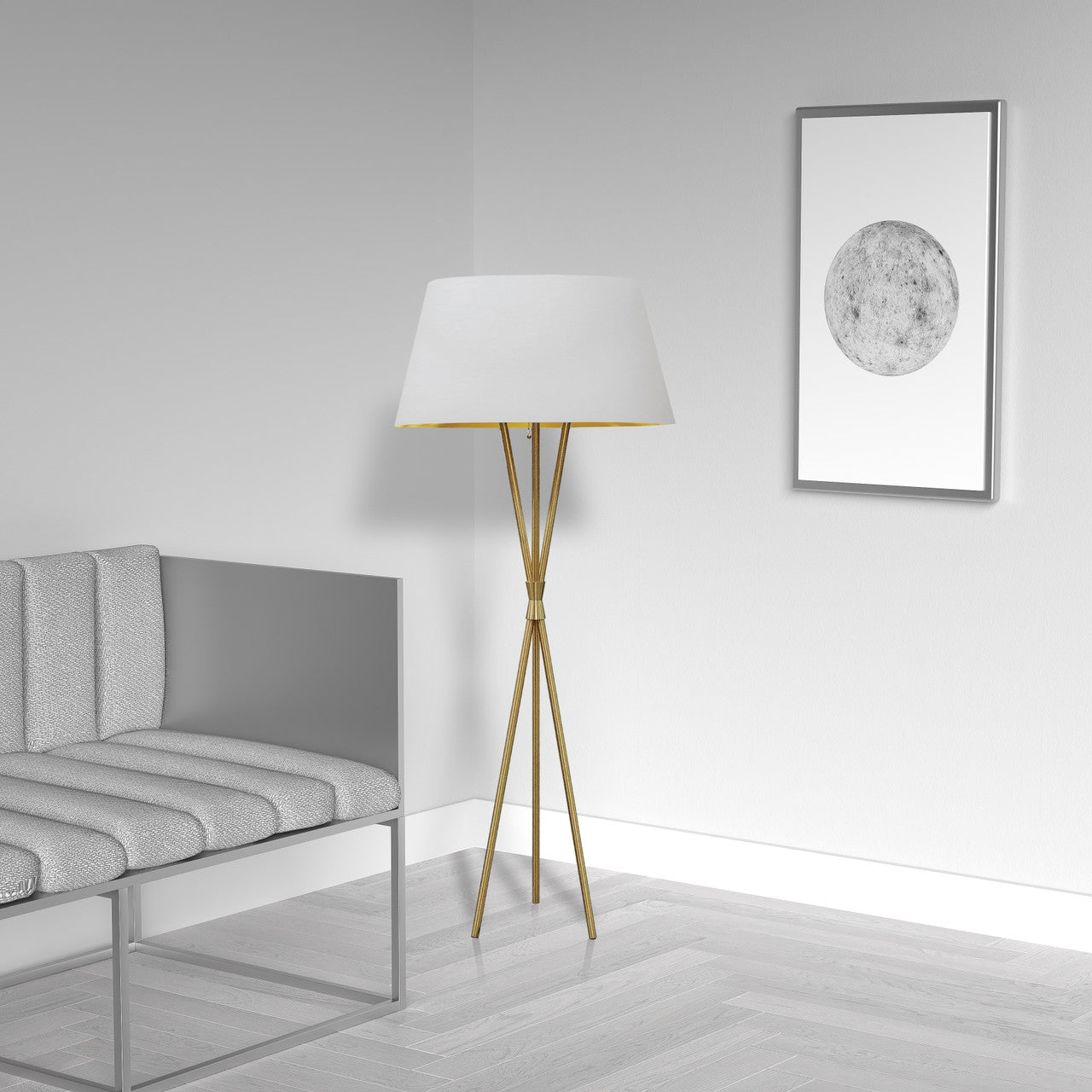 Dainolite 1 Light 3 Legged Aged Brass Floor Lamp, with White/Gold Shade GAB-601F-AGB-692