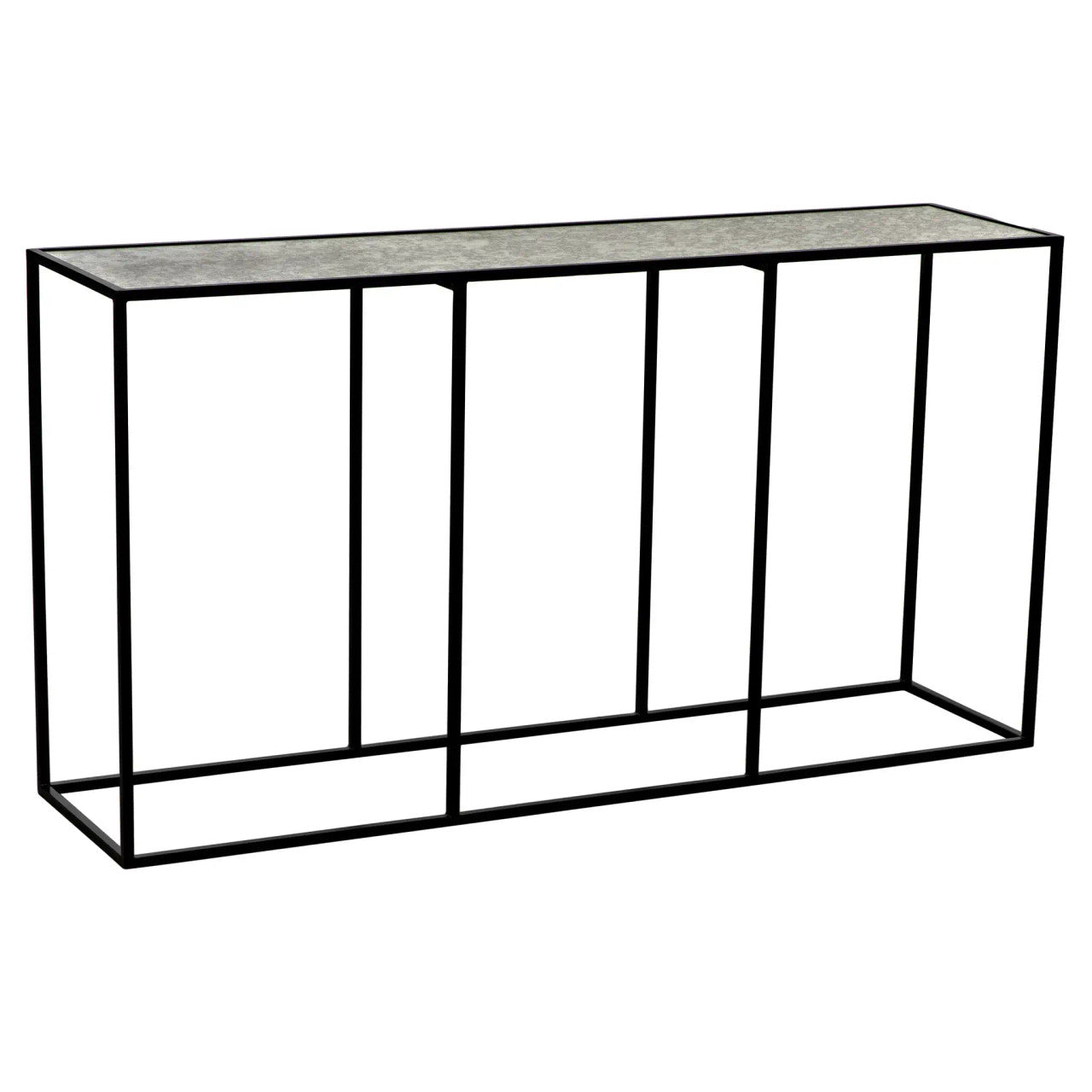 Noir Convention Sofa Table Black Steel and Antique Glass in Matte Black GCON233MTB