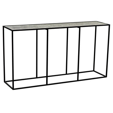 Noir Convention Sofa Table Black Steel and Antique Glass in Matte Black GCON233MTB