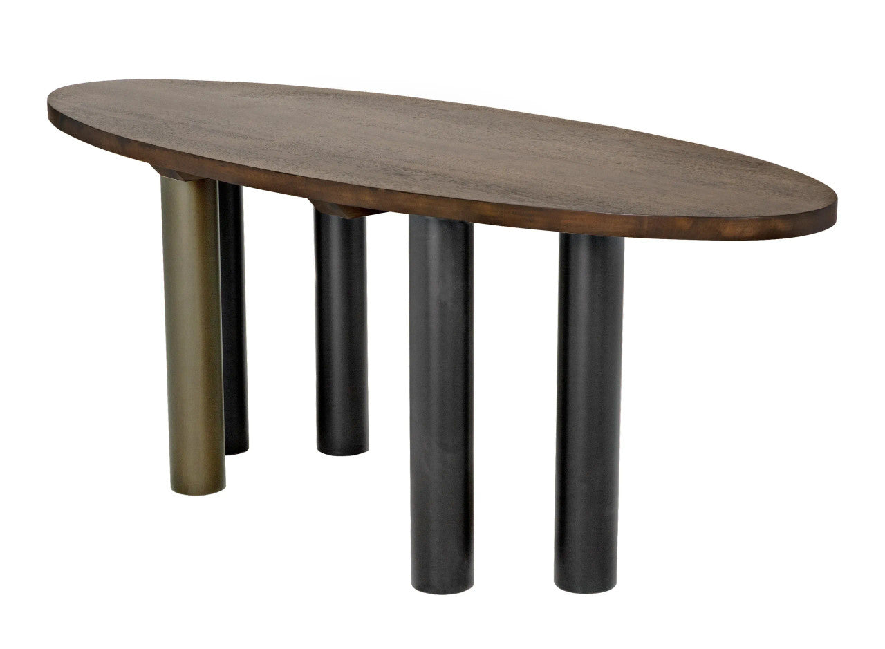 Noir Journal Oval Dining Table in Dark Walnut with Matte Black & Aged Brass Base GTAB572DW