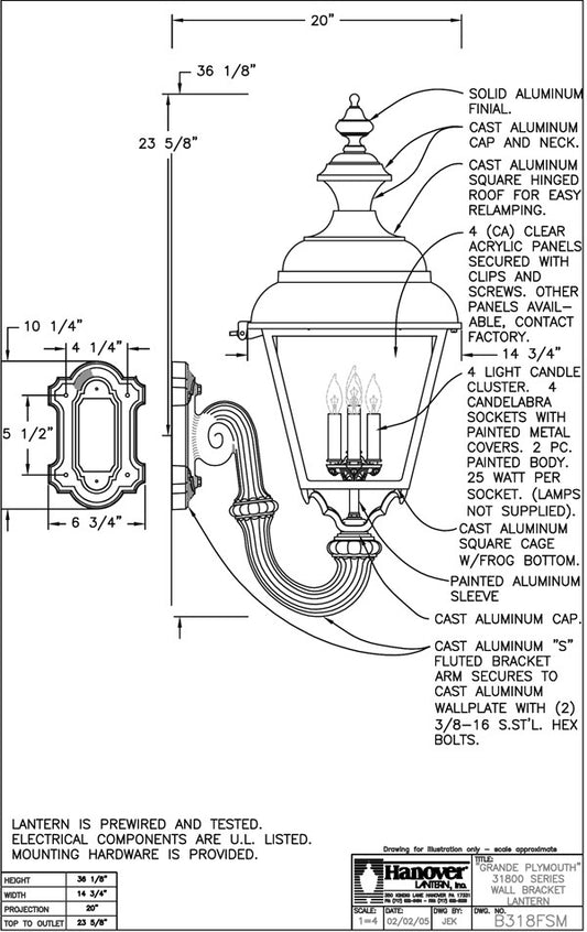 Hanover Lantern B318FSM Grande Plymouth Wall Mount