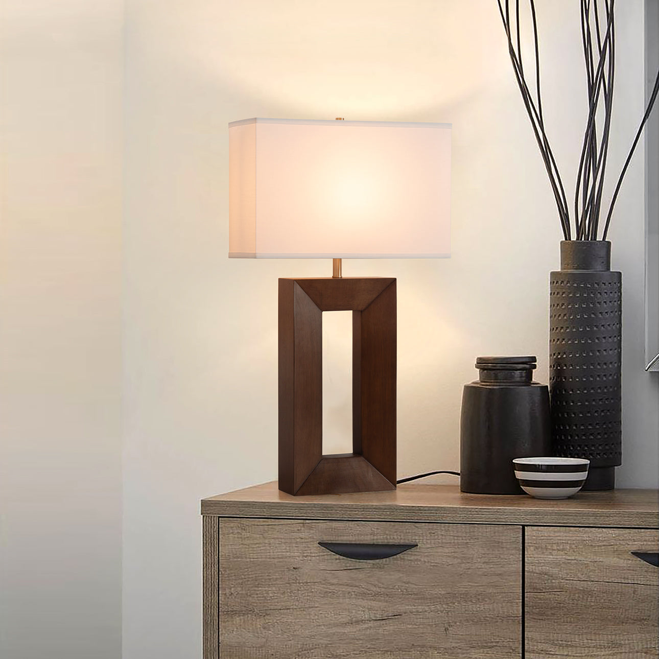 Nova of California Julie Standing Table Lamp - Dark Walnut Wood Finish, Weathered Brass, White Linen Shade 1010830DW