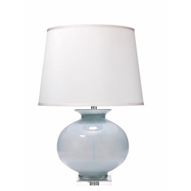 Jamie Young Heirloom Table Lamp in Cornflower Blue Glass with Large Open Cone Shade in White Silk  1HEIR-TLBL