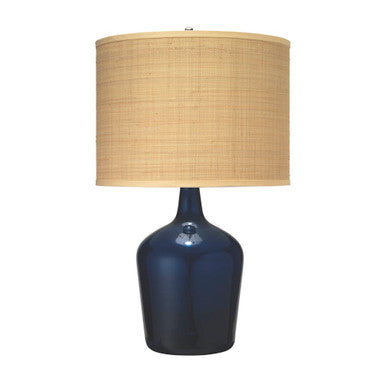 Jamie Young Plum Jar Table Lamp, Medium in Navy Blue Glass with Classic Drum Shade in Raffia  1JAR-MDBL